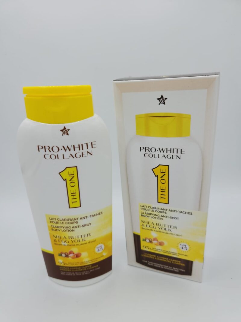 Lait Corporel Clarifiant PRO-WHITE COLLAGEN 500ml | Anti-Taches au Beurre de Karité et Jaune d’œuf | Hydratation et Éclaircissement de la Peau