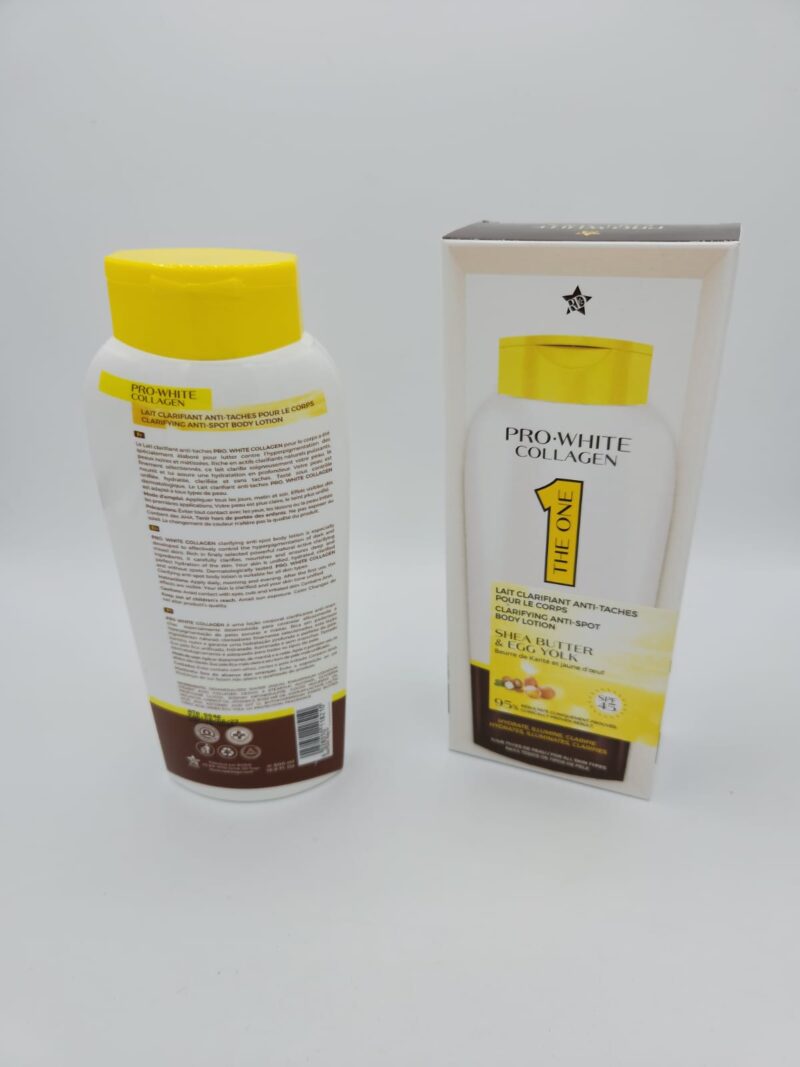 Lait Corporel Clarifiant PRO-WHITE COLLAGEN 500ml | Anti-Taches au Beurre de Karité et Jaune d’œuf | Hydratation et Éclaircissement de la Peau - Image 6