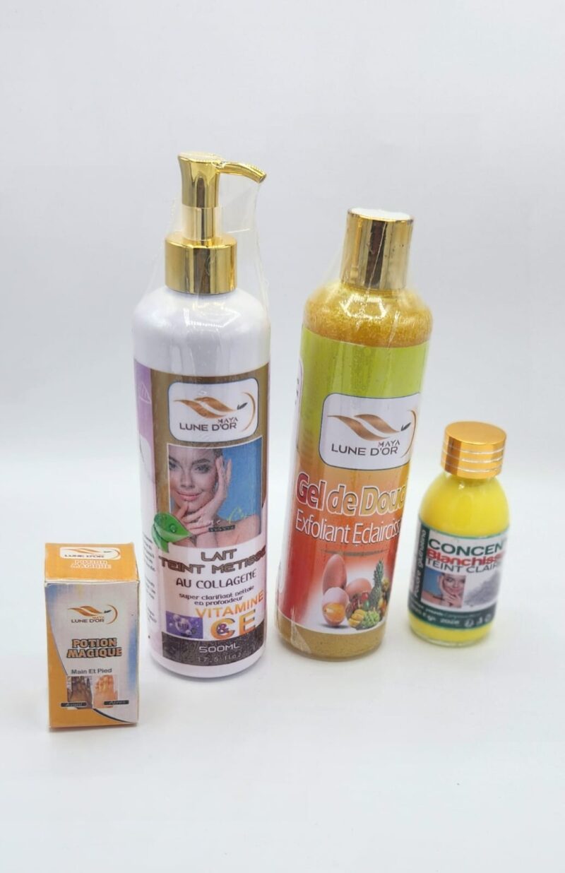 SET MAYA LUNE D'OR LAIT TEINT METISSE AU COLLAGEN PLUS GEL de DOUCHE, POTIONMAJIQUE et CONCENTRÉ BLANCHISSEUR poudre Gluthation.SUPPER CLARIFIANT;Nettoie en Profondeur. FPS CCHARLOTTE FASHION 1X   500ml X 2, 30ml et 60ml. - Image 2