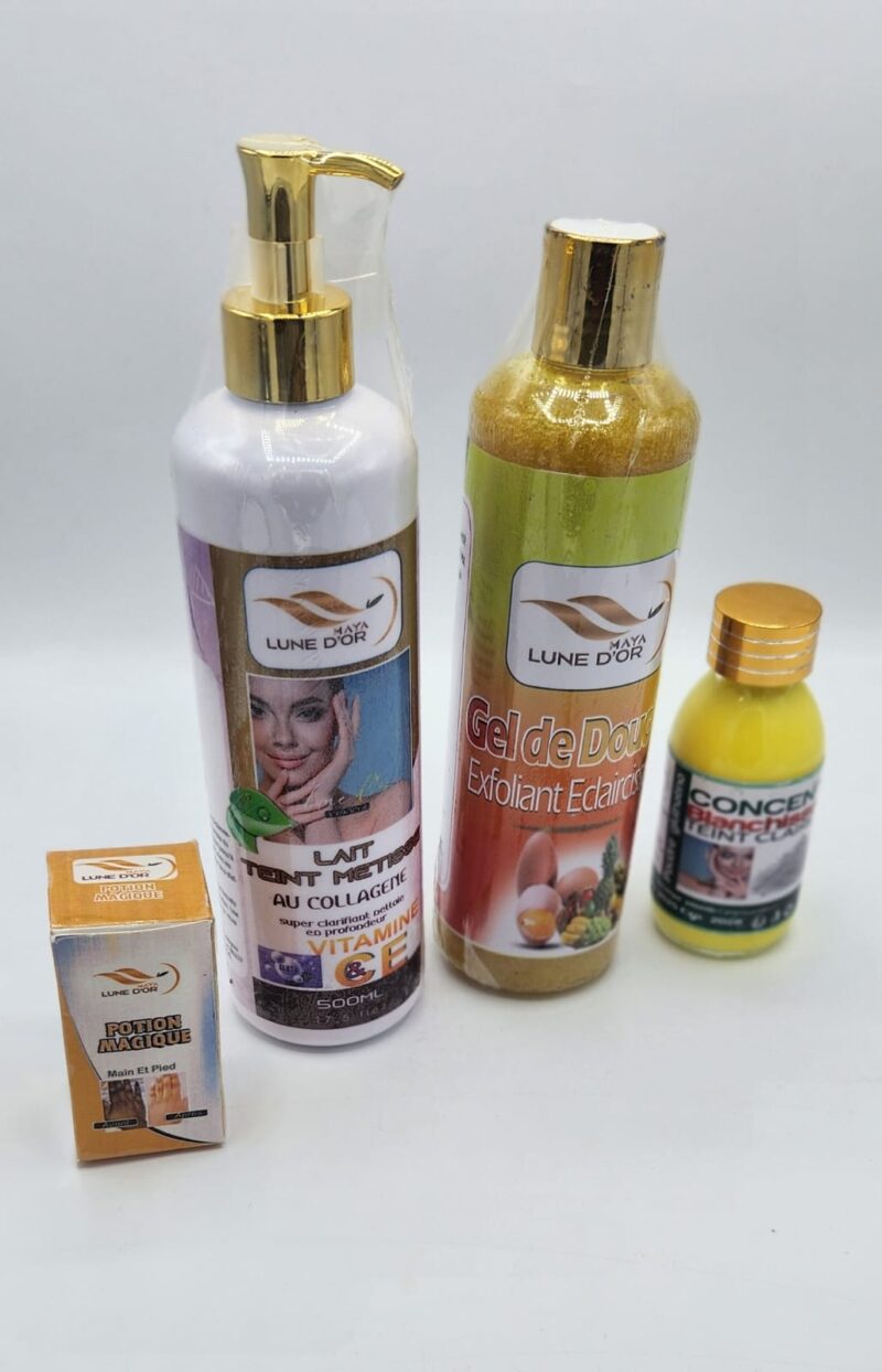SET MAYA LUNE D'OR LAIT TEINT METISSE AU COLLAGEN PLUS GEL de DOUCHE, POTIONMAJIQUE et CONCENTRÉ BLANCHISSEUR poudre Gluthation.SUPPER CLARIFIANT;Nettoie en Profondeur. FPS CCHARLOTTE FASHION 1X   500ml X 2, 30ml et 60ml. - Image 4