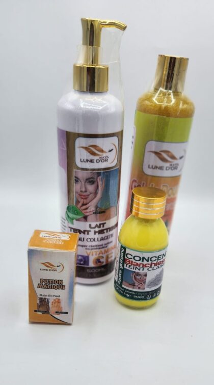 SET MAYA LUNE D'OR LAIT TEINT METISSE AU COLLAGEN PLUS GEL de DOUCHE, POTIONMAJIQUE et CONCENTRÉ BLANCHISSEUR poudre Gluthation.SUPPER CLARIFIANT;Nettoie en Profondeur. FPS CCHARLOTTE FASHION 1X   500ml X 2, 30ml et 60ml.