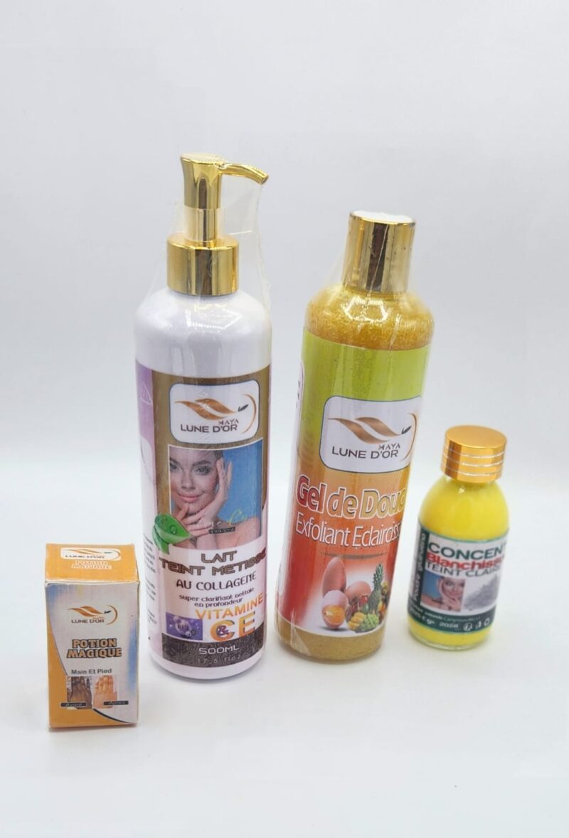 SET MAYA LUNE D'OR LAIT TEINT METISSE AU COLLAGEN PLUS GEL de DOUCHE, POTIONMAJIQUE et CONCENTRÉ BLANCHISSEUR poudre Gluthation.SUPPER CLARIFIANT;Nettoie en Profondeur. FPS CCHARLOTTE FASHION 1X   500ml X 2, 30ml et 60ml. - Image 3