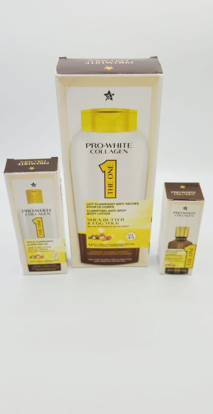 Gamme Pro White Collagen | Trio Clarifiant Teint Unifié – Lait, Sérum & Huile