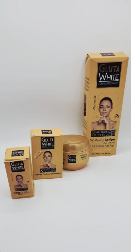 GLUTA WHITE Éclaircissant Anti-Tache Lot 4 – Lait, Sérum, Savon, Crème