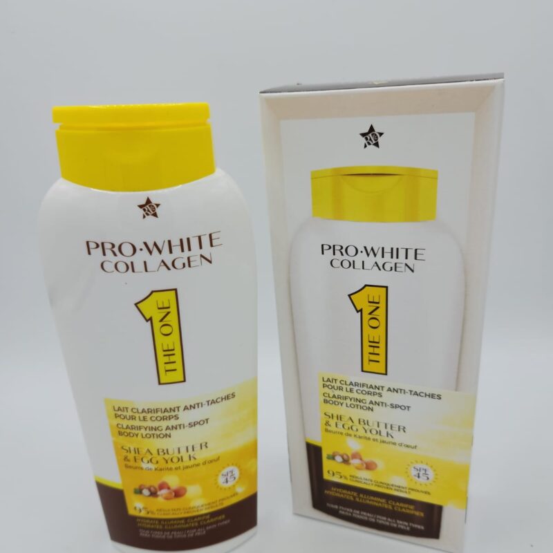 Lait Corporel Clarifiant PRO-WHITE COLLAGEN 500ml | Anti-Taches au Beurre de Karité et Jaune d’œuf | Hydratation et Éclaircissement de la Peau