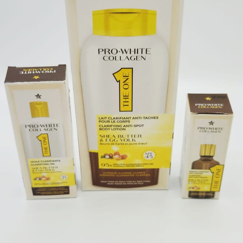 Gamme Pro White Collagen | Trio Clarifiant Teint Unifié – Lait, Sérum & Huile