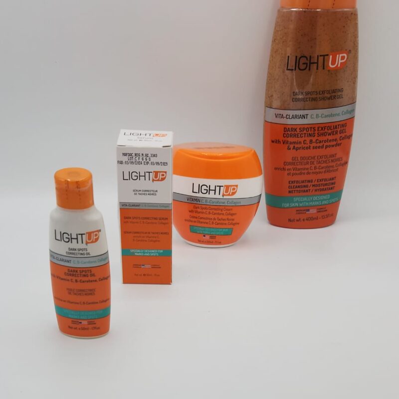 Gamme LIGHT UP – Crème Corps, Gel de Douche, Sérum & Huile | Éclat & Teint Unifié