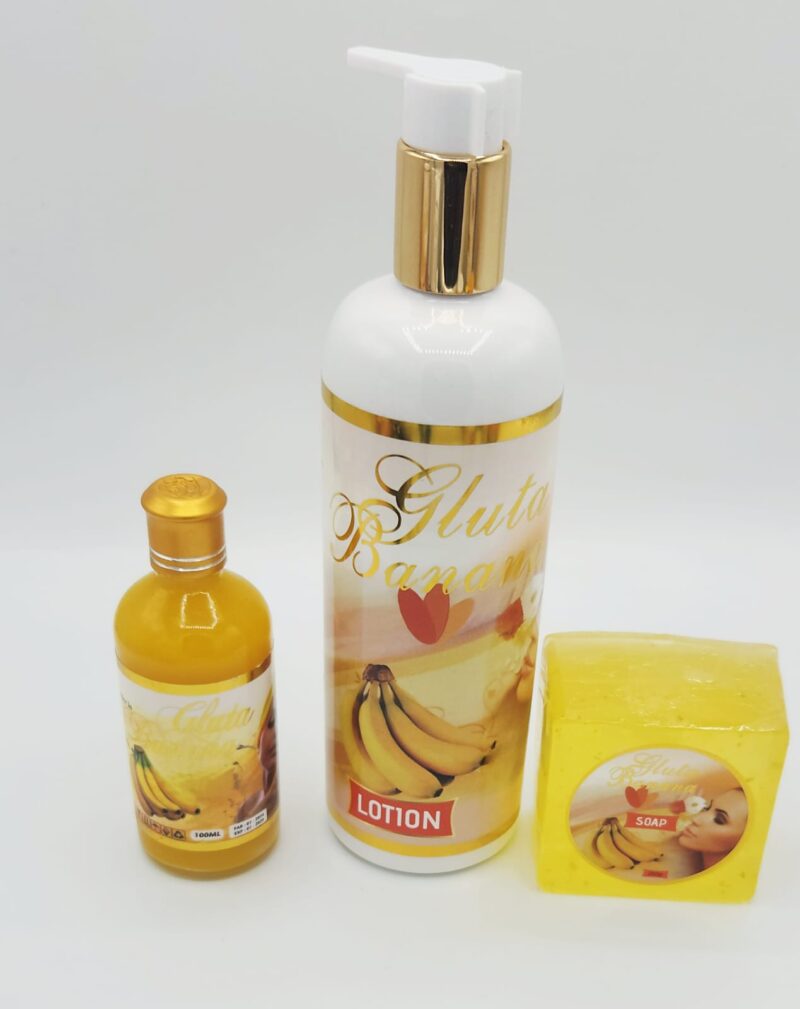 Gamme Gluta Banana Éclaircissante – Lotion, Sérum & Savon – Anti-Taches avec Acide Hyaluronique
