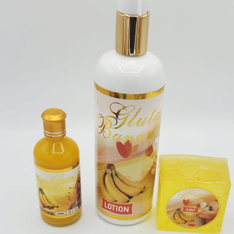 Gamme Gluta Banana Éclaircissante – Lotion, Sérum & Savon – Anti-Taches avec Acide Hyaluronique