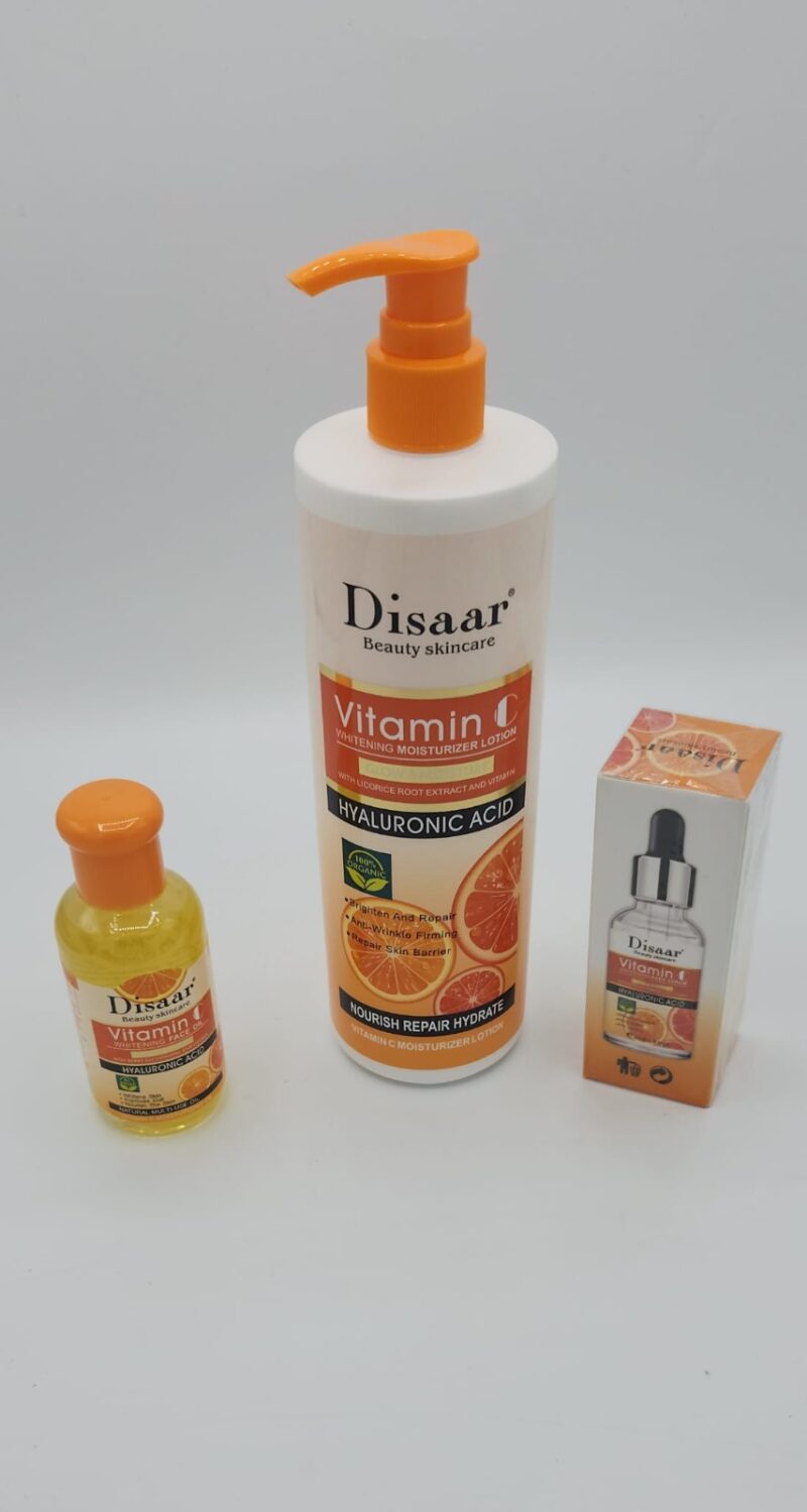 Lotion Vitamine C Éclaircissante – Pack Trio Soins Visage (Lotion, Huile, Sérum) | Éclat Immédiat, Anti-Taches, Régénération Cutanée | Disaar 3 pièces