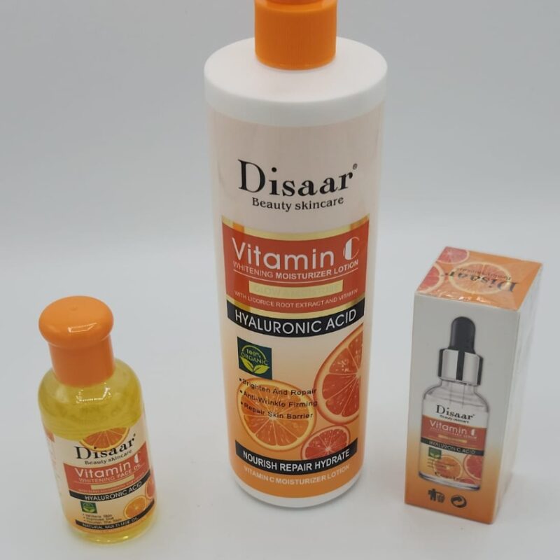 Lotion Vitamine C Éclaircissante – Pack Trio Soins Visage (Lotion, Huile, Sérum) | Éclat Immédiat, Anti-Taches, Régénération Cutanée | Disaar 3 pièces