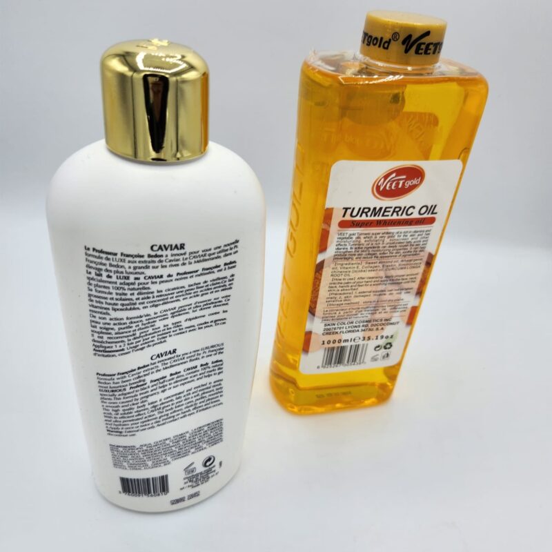 Huile Turmeric Ultra Éclaircissante – Duo VeetGold 100ml + Lait Françoise Bedon Carvia | Éclaircit Corps & Visage, Anti-Taches, Peau Lumineuse en 14 Jours