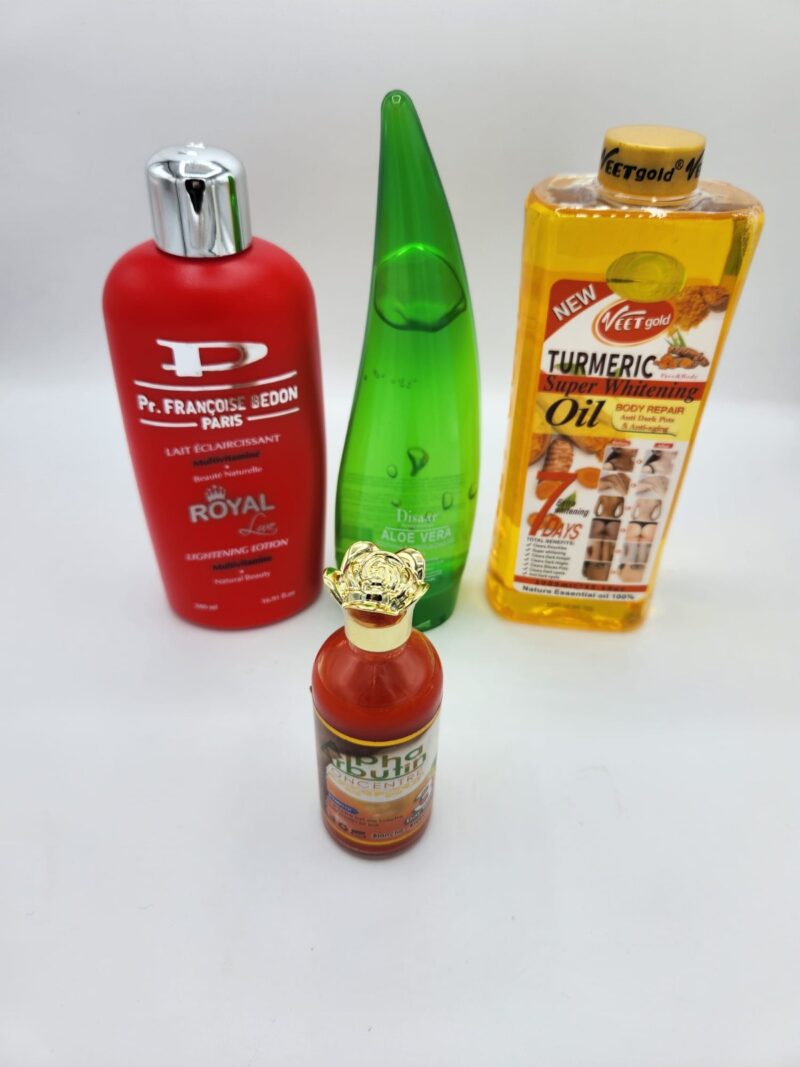 Combo Éclaircissant Alo Vera – VeetGold Huile Turmeric + Lait Françoise Bedon Carvia + Gel 100% Aloe Vera & Alpha Arbutin 3A | Routine Visage & Corps Éclat Immédiat