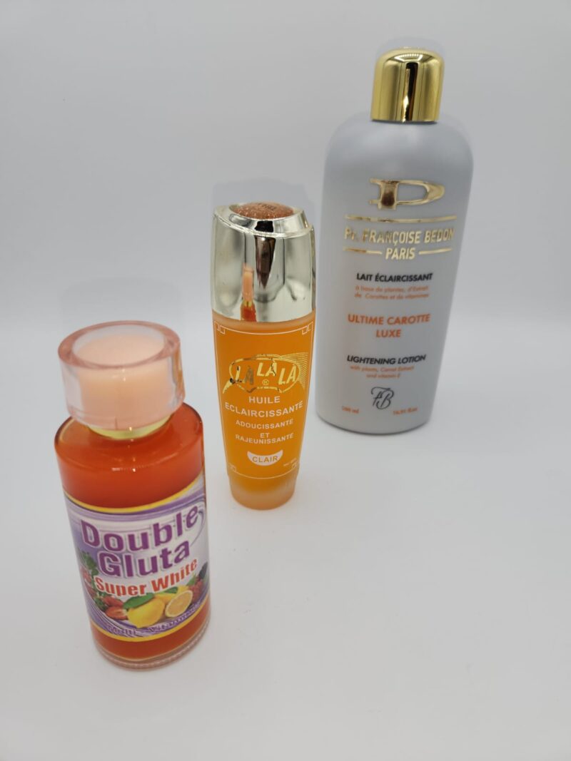 Combo Ultra Éclaircissant Très Efficace – Lait Françoise Bedon Correcteur + Concentré Double Gluta & Huile Lalala | Résultat en 10 Jours, Teint Uniforme et Lumineux