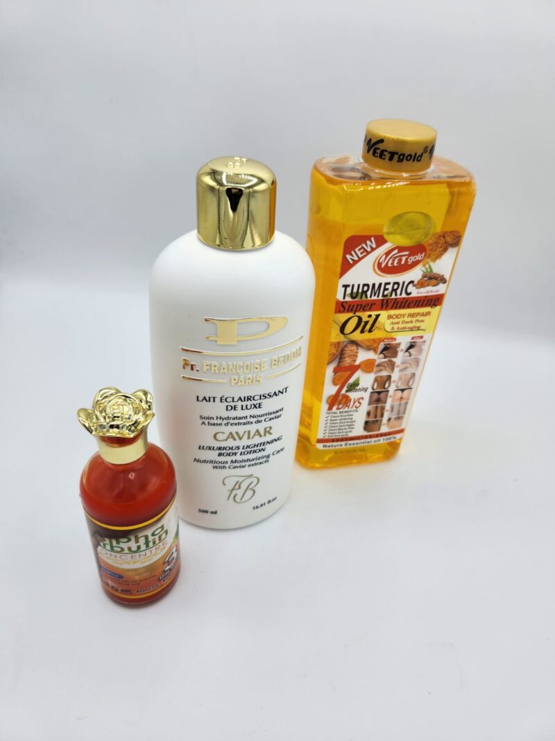 Combo Éclaircissant Huile Turmeric – VeetGold 100ml + Lait Françoise Bedon Carvia + Sérum Alpha Arbutin 3A | Éclaircit Visage & Corps, Anti-Taches, Résultat en 14 Jours