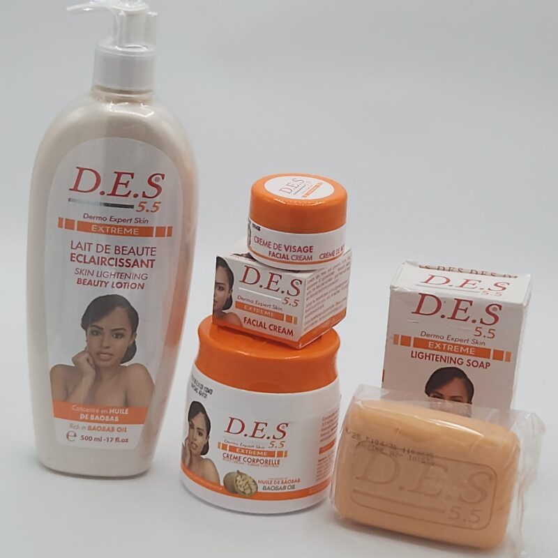 GAMME D.E.S CREME CORPORELLE LAIT SAVON ET CREME DE VISAGE. ECLAIRCISSANT
